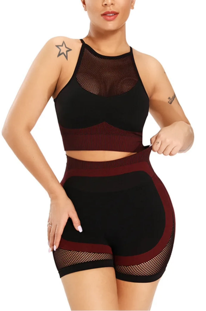 Red fishnet biker shorts sales